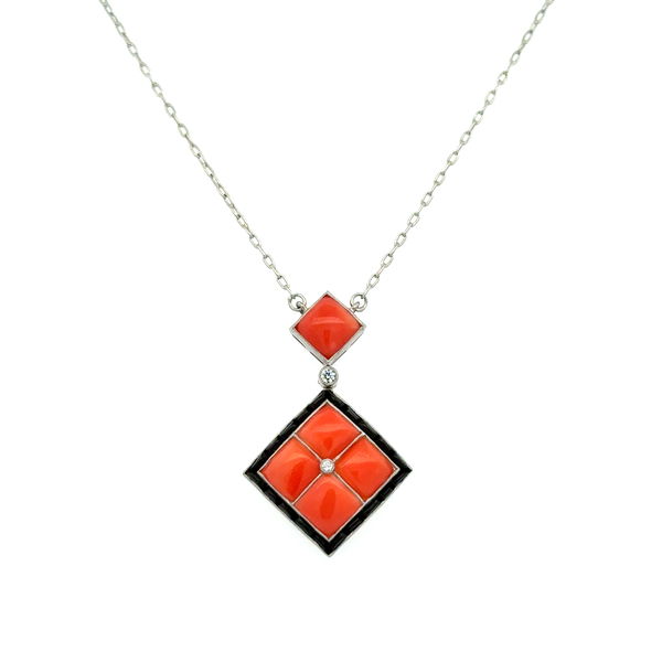 Closeup photo of Platinum 2tcw Coral, Onyx & .03tcw Diamond Mosaic Pendant Necklace 5.0g, 18"