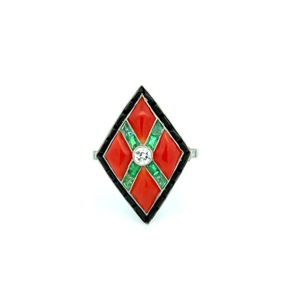 Closeup photo of Platinum 1.5tcw Coral, .54tcw Emerald, Onyx & .36tcw OEC Diamond Mosaic Ring 5.3g, s7.25