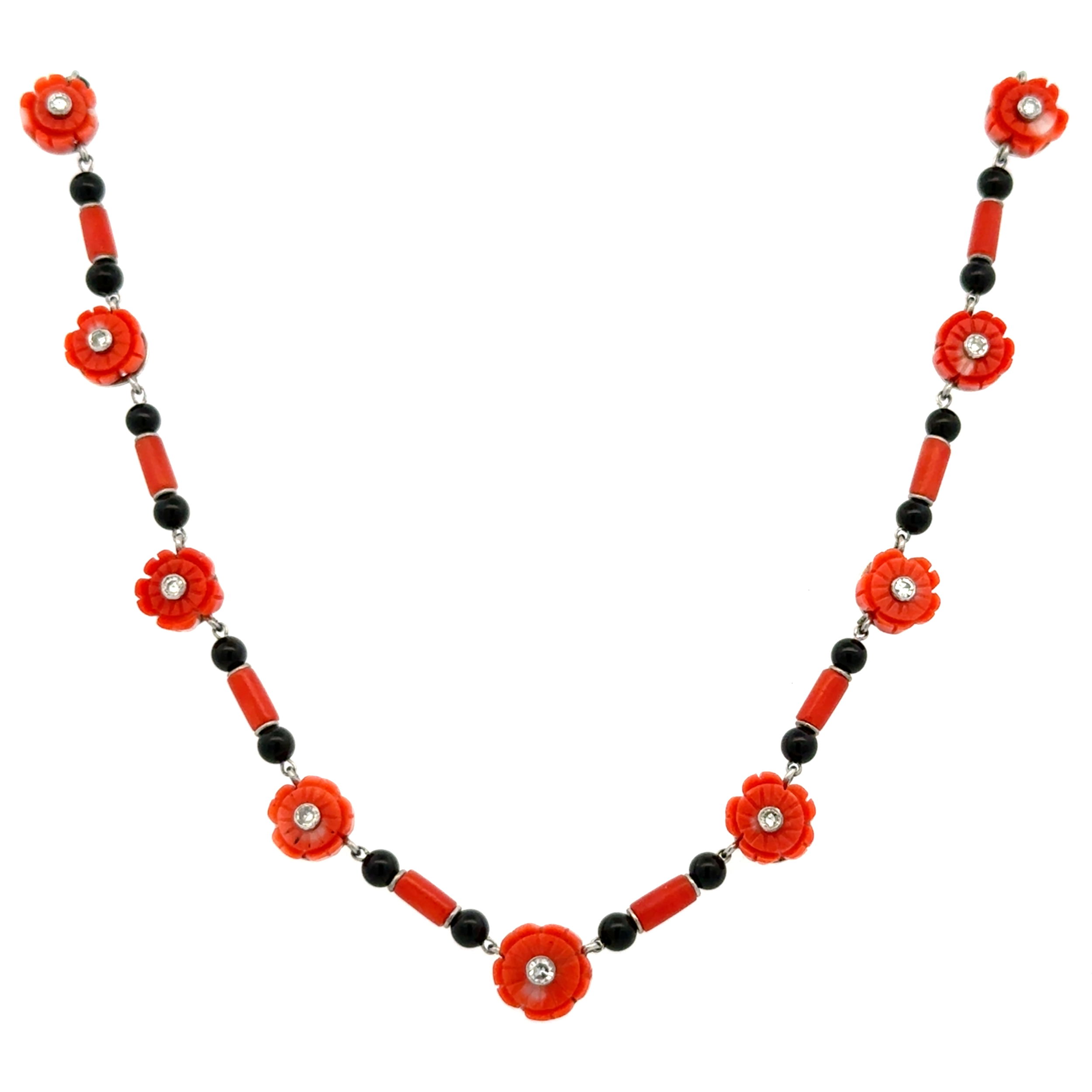 Platinum Coral, Onyx & .23tcw SC Diamond Station Necklace 10.6g, 20" Platinum Coral, Onyx & .23tcw SC Diamond Station Necklace 10.6g, 20"