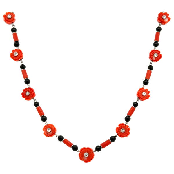 Closeup photo of Platinum Coral, Onyx & .23tcw SC Diamond Station Necklace 10.6g, 20"