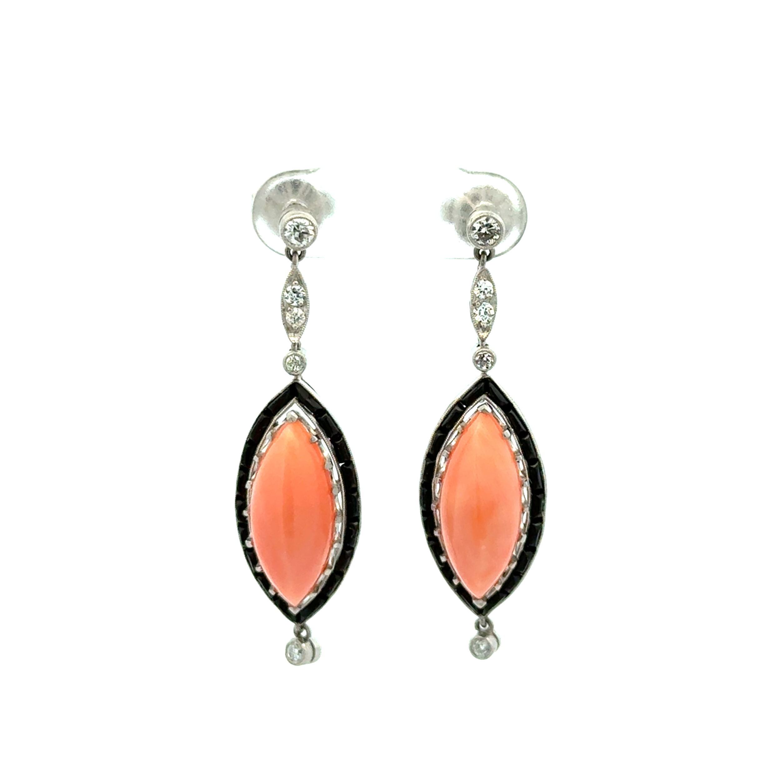 Platinum 5tcw Marquis Angelskin Coral, Onyx & .42tcw OEC Diamond Drop Earrings 9.5g
