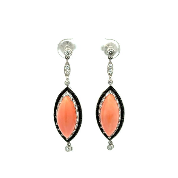 Closeup photo of Platinum 5tcw Marquis Angelskin Coral, Onyx & .42tcw OEC Diamond Drop Earrings 9.5g