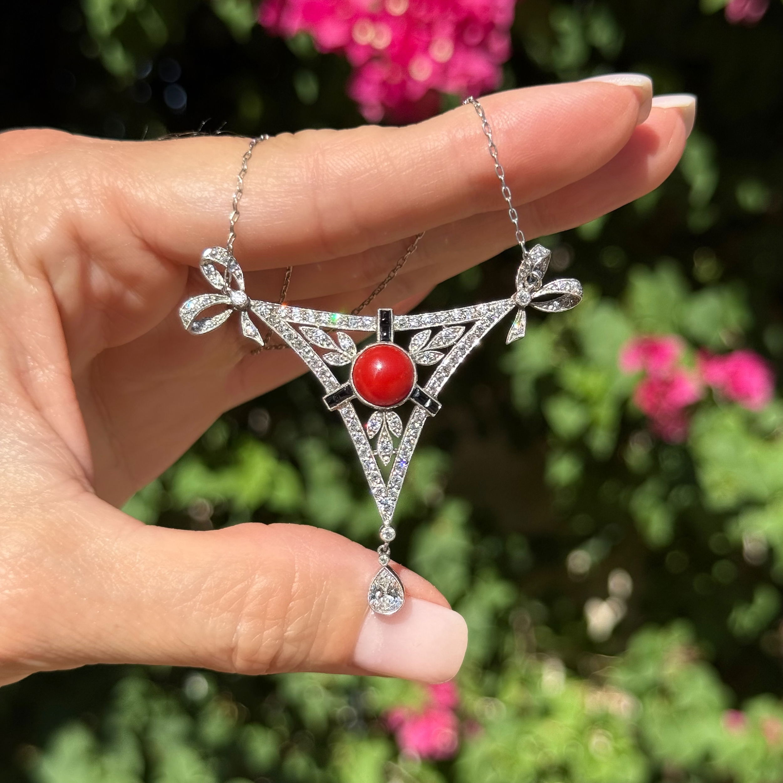 Platinum .90ct Coral, Onyx & 1.58tcw OEC Triangular Lace Necklace