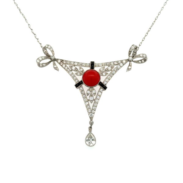 Closeup photo of Platinum .90ct Coral, Onyx & 1.58tcw OEC Triangular Lace Necklace