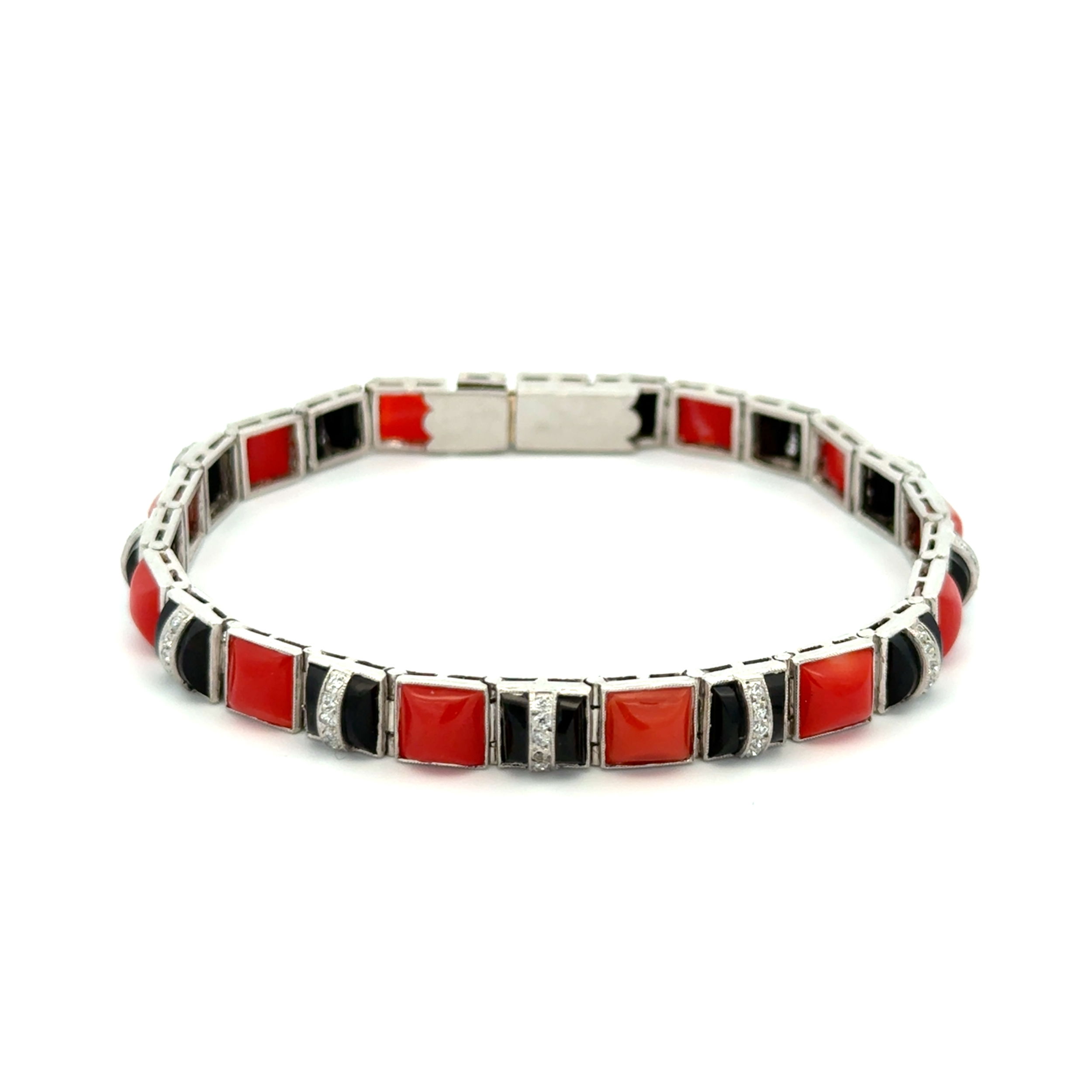 Platinum 6tcw Coral, Onyx & .50tcw OEC Diamond Link Bracelet Milgrain 21.2g, 7.2" Platinum 6tcw Coral, Onyx & .50tcw OEC Diamond Link Bracelet Milgrain 21.2g, 7.2"