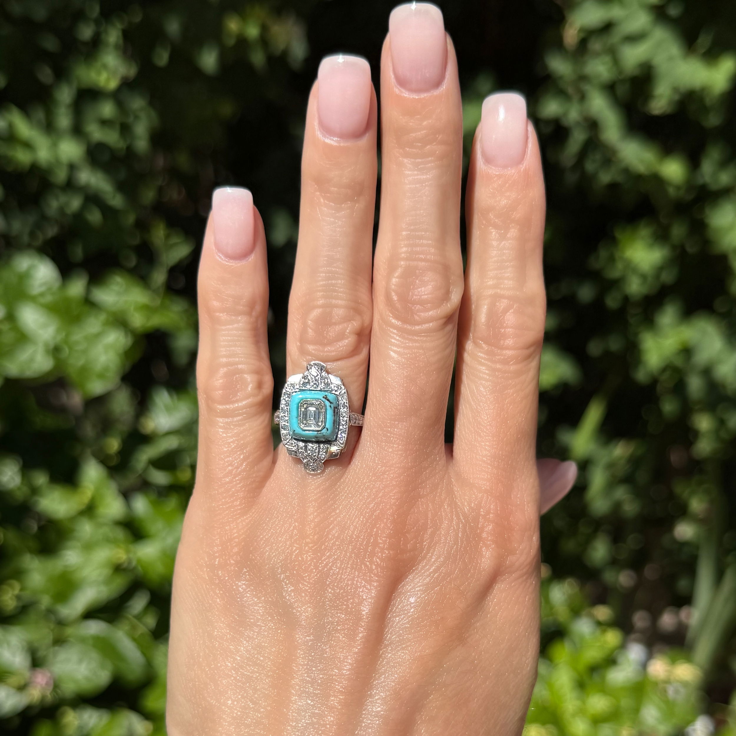 Platinum .67ct Emerald Cut Diamond Set in Turquoise & .65tcw Diamond Ring Platinum .67ct Emerald Cut Diamond Set in Turquoise & .65tcw Diamond Ring