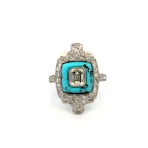 Closeup photo of Platinum .67ct Emerald Cut Diamond Set in Turquoise & .65tcw Diamond Ring