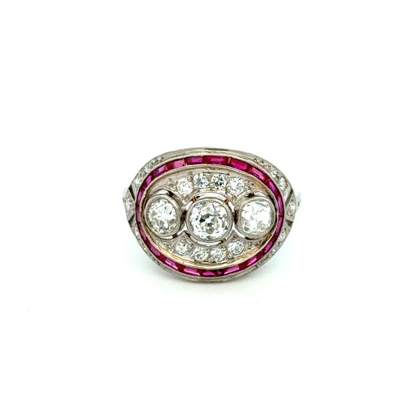 Closeup photo of Platinum 1tcw 3 OEC Diamond, .60tcw Ruby & .35tcw OEC Diamond Ring 5.3g, s6.25