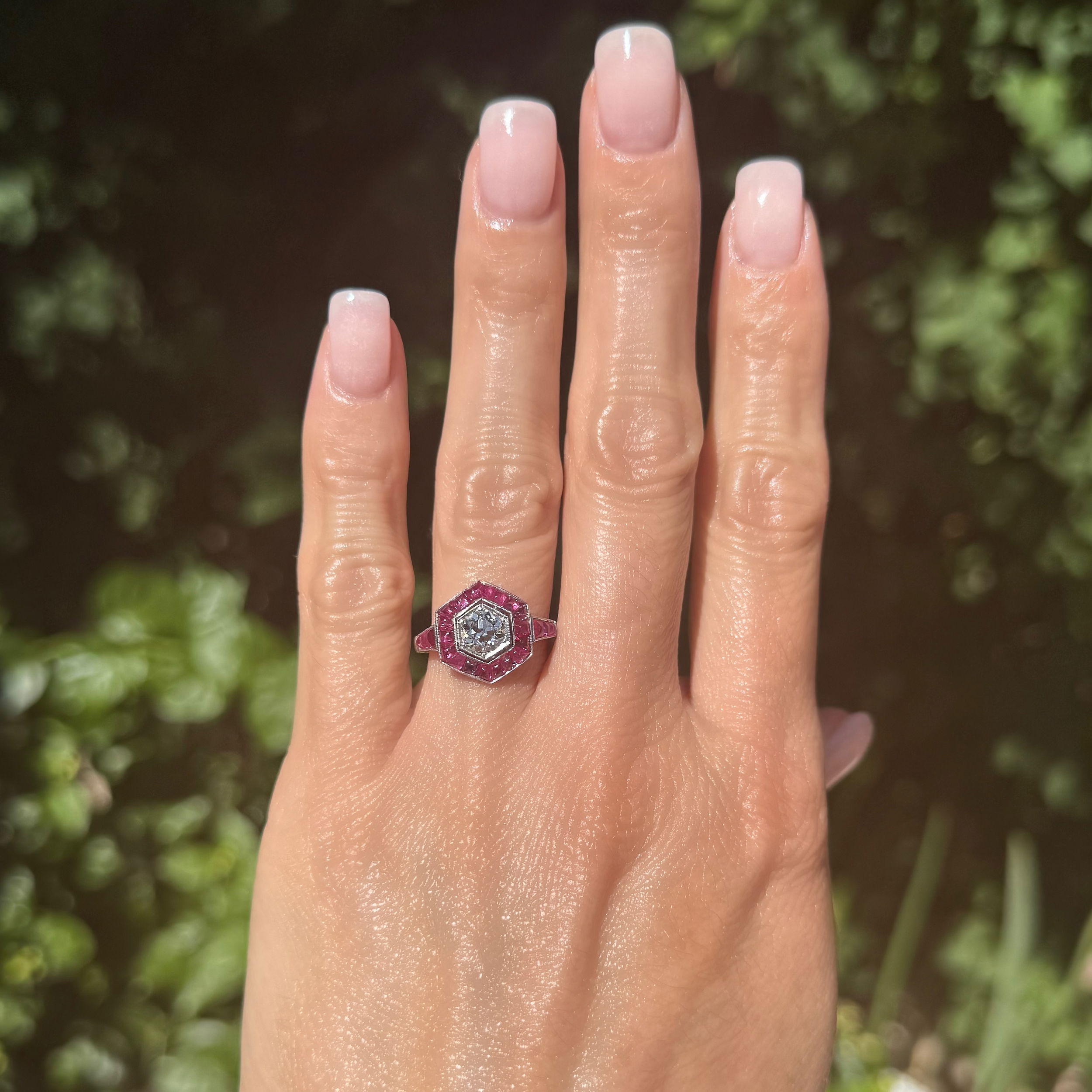 Platinum .77ct OEC Diamond & 1.80tcw Buff Top Ruby Hexagon Ring 4.2g, s7 Platinum .77ct OEC Diamond & 1.80tcw Buff Top Ruby Hexagon Ring 4.2g, s7