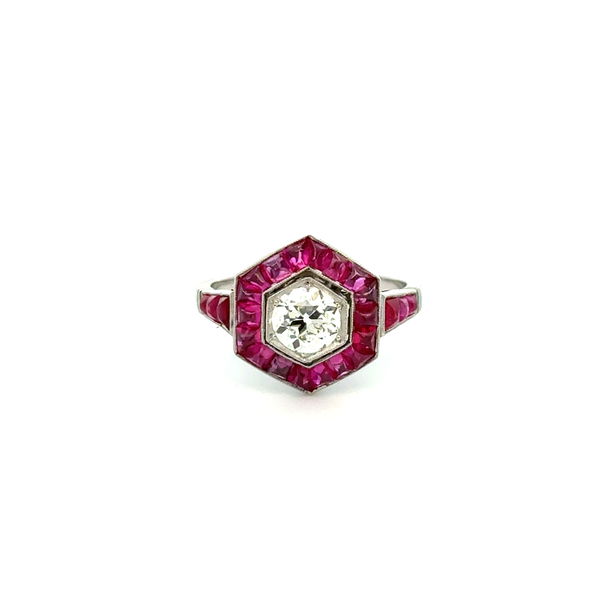 Closeup photo of Platinum .77ct OEC Diamond & 1.80tcw Buff Top Ruby Hexagon Ring 4.2g, s7