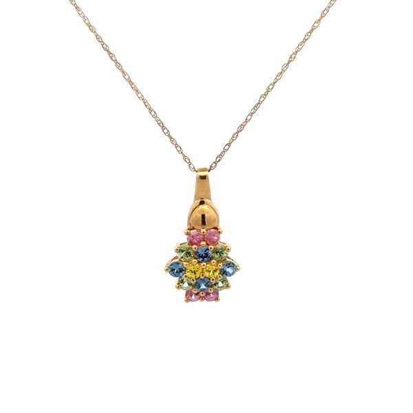Closeup photo of 10K YG 1.25tcw Rainbow Sapphire Cluster Drop Pendant Necklace 2.8g, 20"