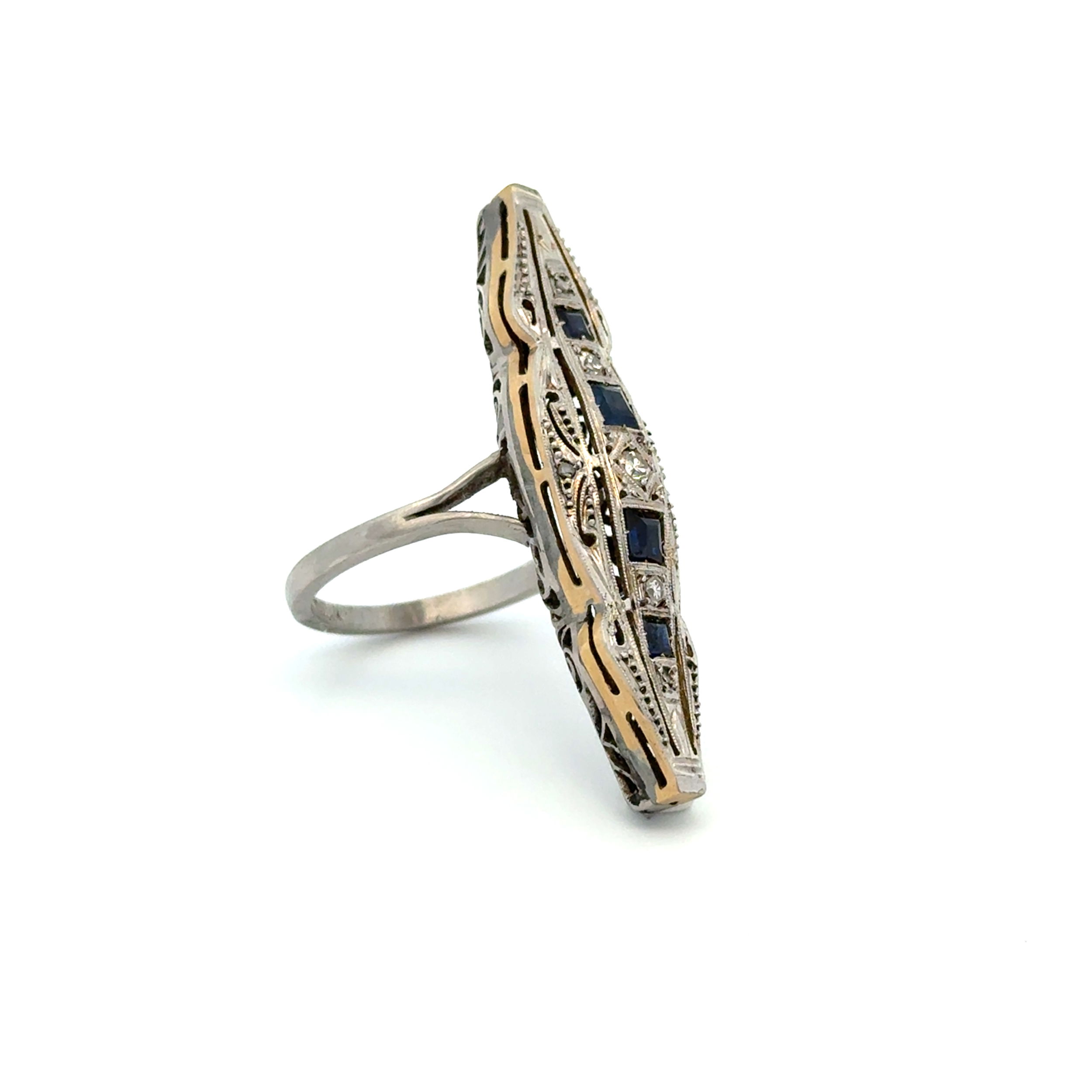 Platinum & Gold Art Deco Marriage .09tcw Diamond, Sapphire Navette Ring 9.1g, s6.75 Platinum & Gold Art Deco Marriage .09tcw Diamond, Sapphire Navette Ring 9.1g, s6.75