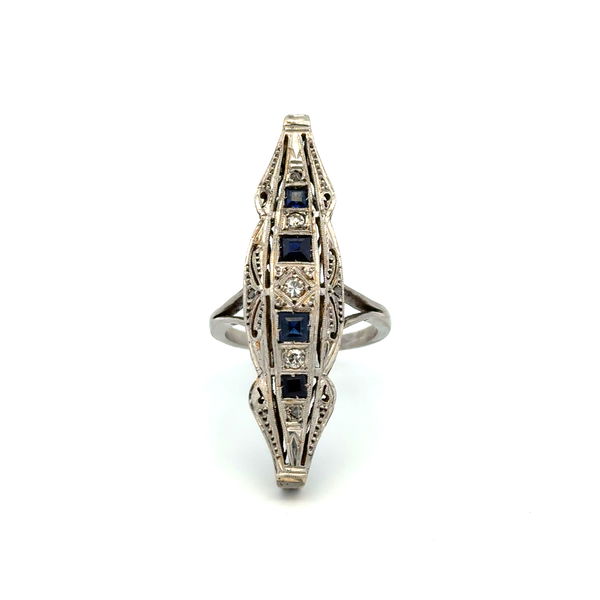 Closeup photo of Platinum & Gold Art Deco Marriage .09tcw Diamond, Sapphire Navette Ring 9.1g, s6.75