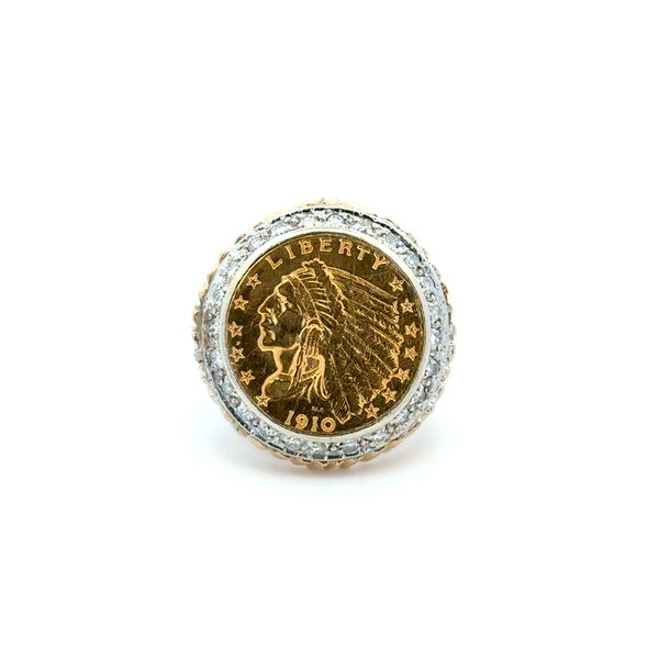 Closeup photo of 14K & 22K 1910 Indian Head $2.5 Gold Coin & .70tcw Diamond Bezel Ring 15.5g, s8