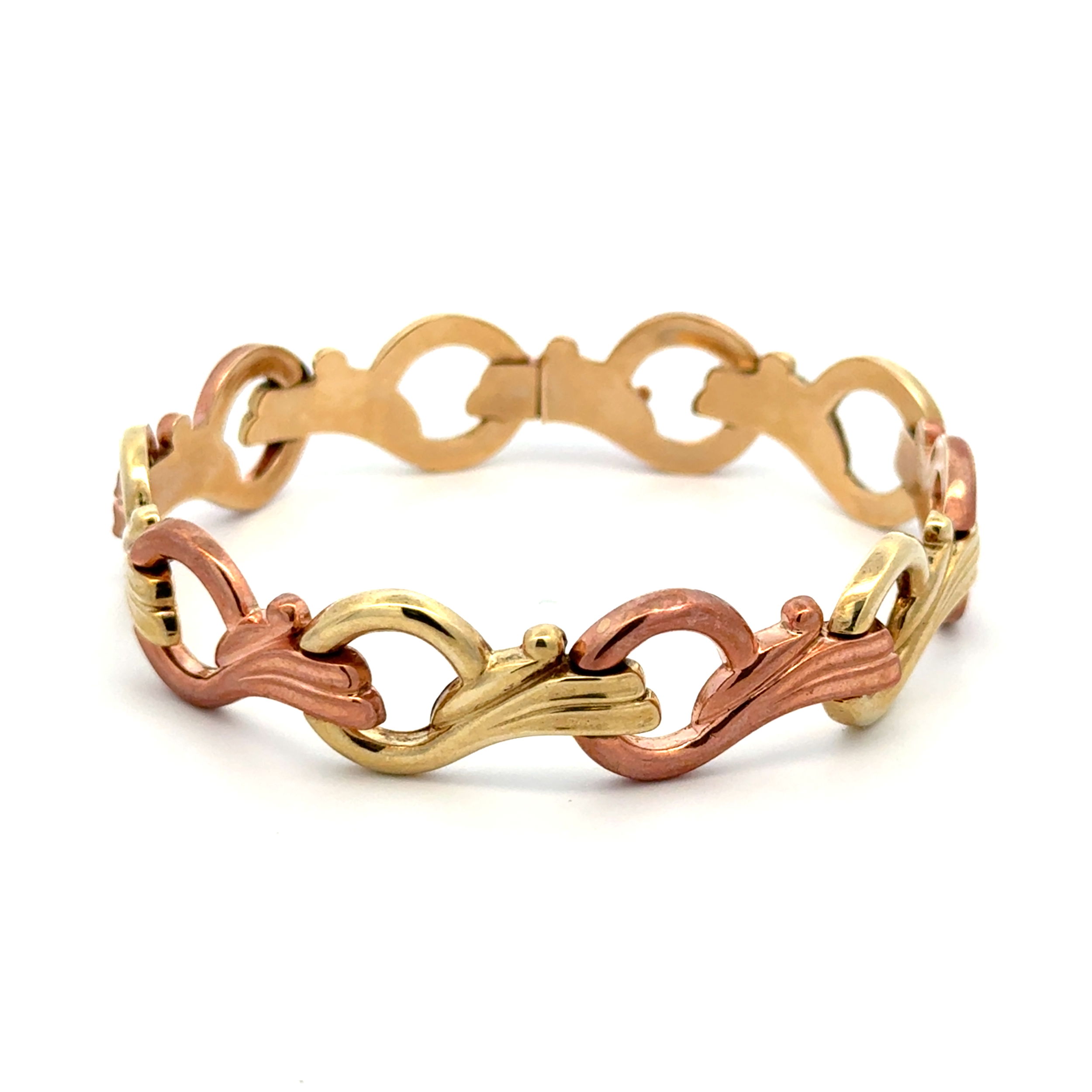 14K 2tone Retro Green & Rose Gold Floral Link Bracelet 8.0g, 7" 14K 2tone Retro Green & Rose Gold Floral Link Bracelet 8.0g, 7"