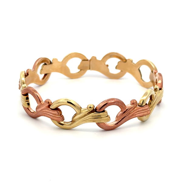 Closeup photo of 14K 2tone Retro Green & Rose Gold Floral Link Bracelet 8.0g, 7"