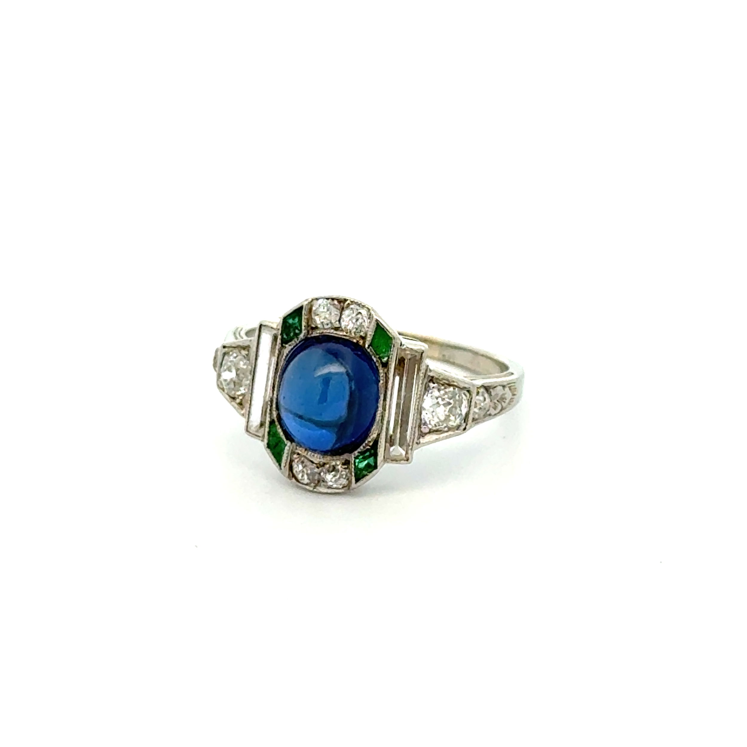 Platinum Art Deco Syn. Blue Spinel .40tcw Diamond, White Topaz & Emerald Ring 3.0g, s5.5