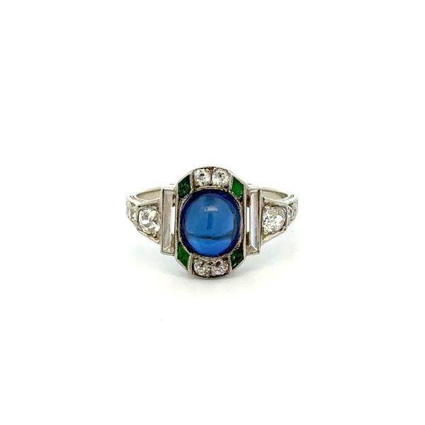 Closeup photo of Platinum Art Deco Syn. Blue Spinel .40tcw Diamond, White Topaz & Emerald Ring 3.0g, s5.5