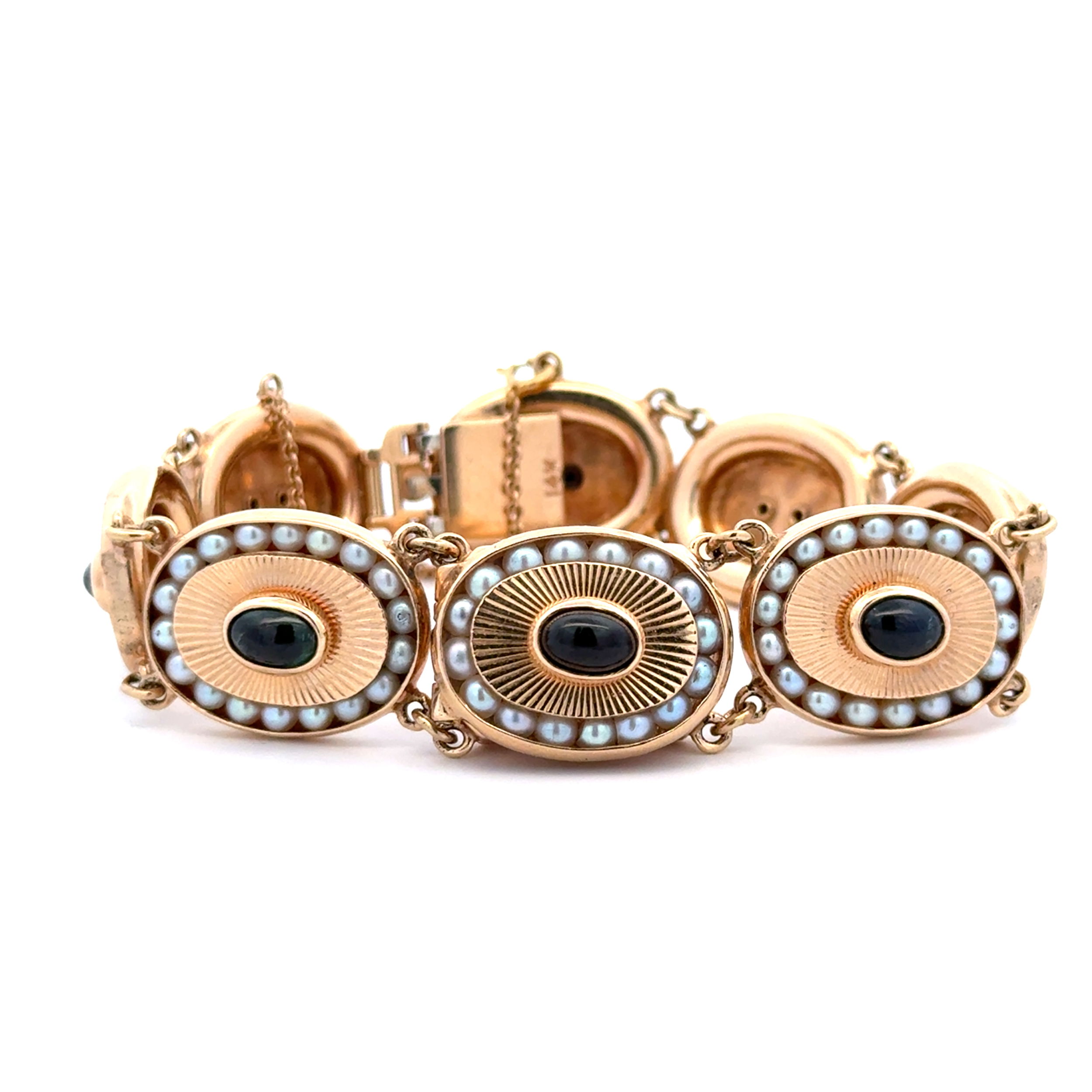 14K YG Lucien Pickard Cabochon 3.50tcw Sapphire & Seed Pearl Bracelet 48.6g, 7" 14K YG Lucien Pickard Cabochon 3.50tcw Sapphire & Seed Pearl Bracelet 48.6g, 7"
