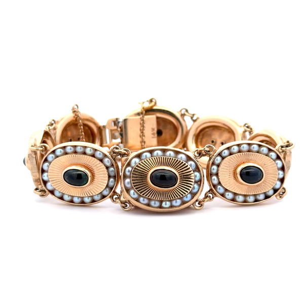 Closeup photo of 14K YG Lucien Pickard Cabochon 3.50tcw Sapphire & Seed Pearl Bracelet 48.6g, 7"