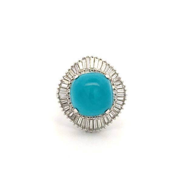 Closeup photo of Platinu, 7.50ct Cabochon Turquoise & 1.57tcw Baguette & RBC Diamond Ring 14.0g, s6.5