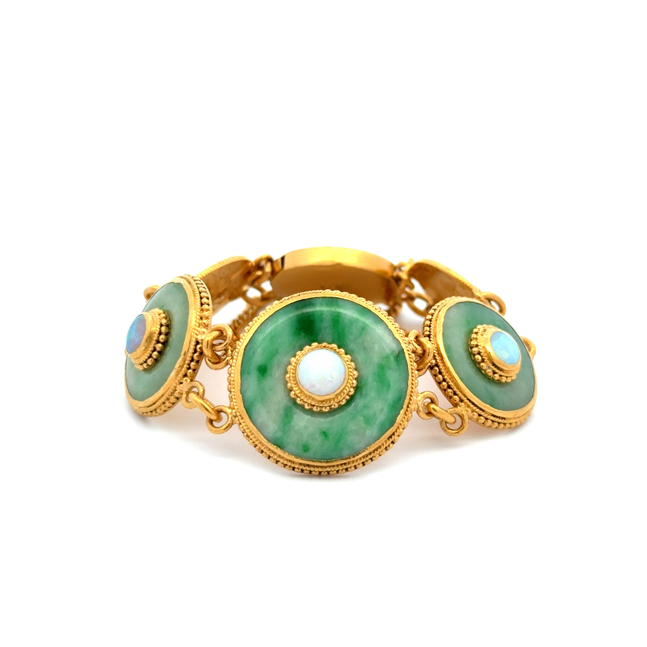 22K YG Jade, Opal & Indian Head Coin Station Bracelet 45.5g, 6.15" 22K YG Jade, Opal & Indian Head Coin Station Bracelet 45.5g, 6.15"