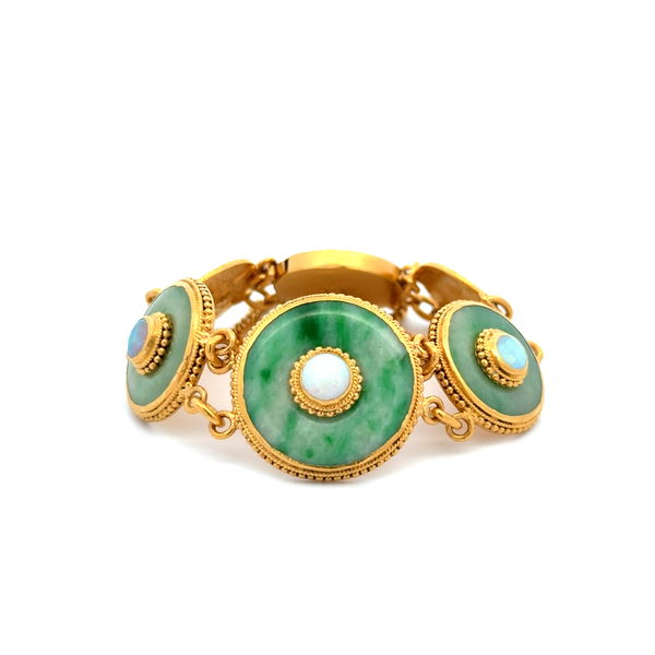 Closeup photo of 22K YG Jade, Opal & Indian Head Coin Station Bracelet 45.5g, 6.15"