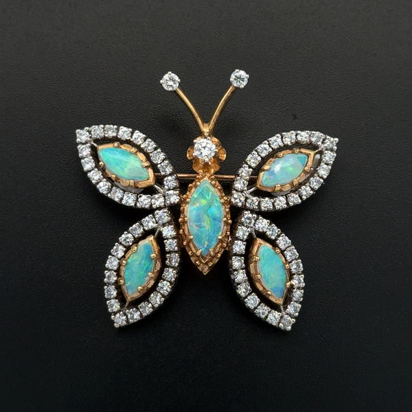 Closeup photo of 14K 2tone 5tcw Opals & 2.00tcw Diamond Butterfly Brooch 10.4g