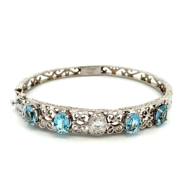 Closeup photo of 14K WG Vintage 6tcw Aquamarine & .25tcw Diamond Engraved Bangle Bracelet 18.7g