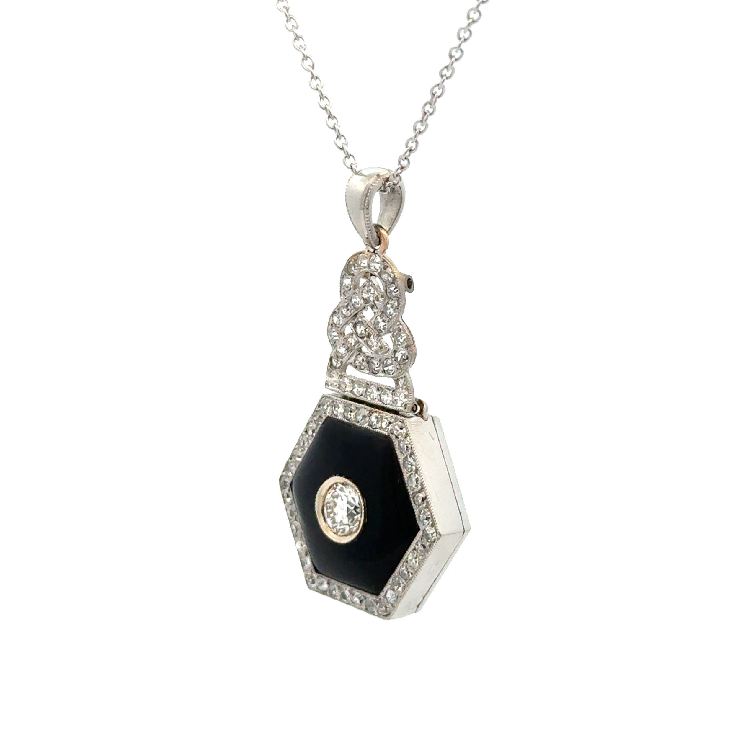 Platinum Art Deco .44ct OEC Diamond, Hexagon Onyx & 1.10tcw Diamond Pendant Necklace 9.1g, 16" Platinum Art Deco .44ct OEC Diamond, Hexagon Onyx & 1.10tcw Diamond Pendant Necklace 9.1g, 16"