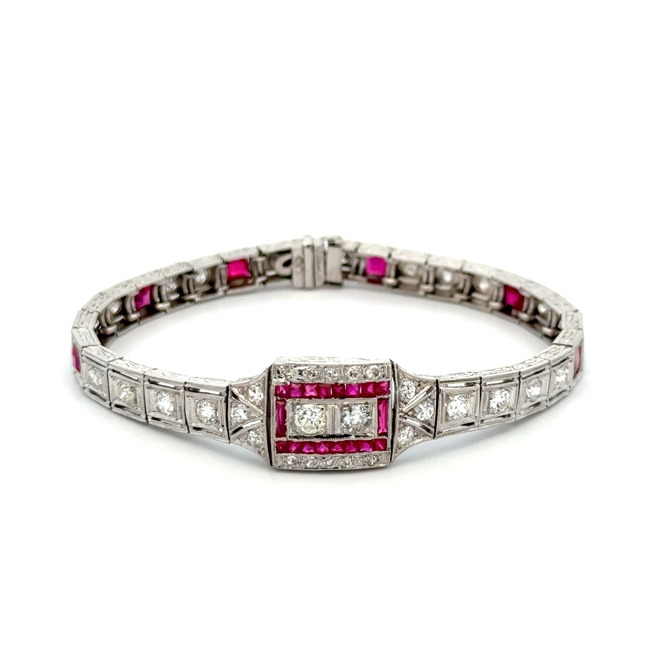 Platinum Art Deco 3.00tcw OEC Diamond & Syn. Ruby Migrain Bracelet 19.5g, 6.5" Platinum Art Deco 3.00tcw OEC Diamond & Syn. Ruby Migrain Bracelet 19.5g, 6.5"