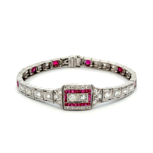 Closeup photo of Platinum Art Deco 3.00tcw OEC Diamond & Syn. Ruby Migrain Bracelet 19.5g, 6.5"