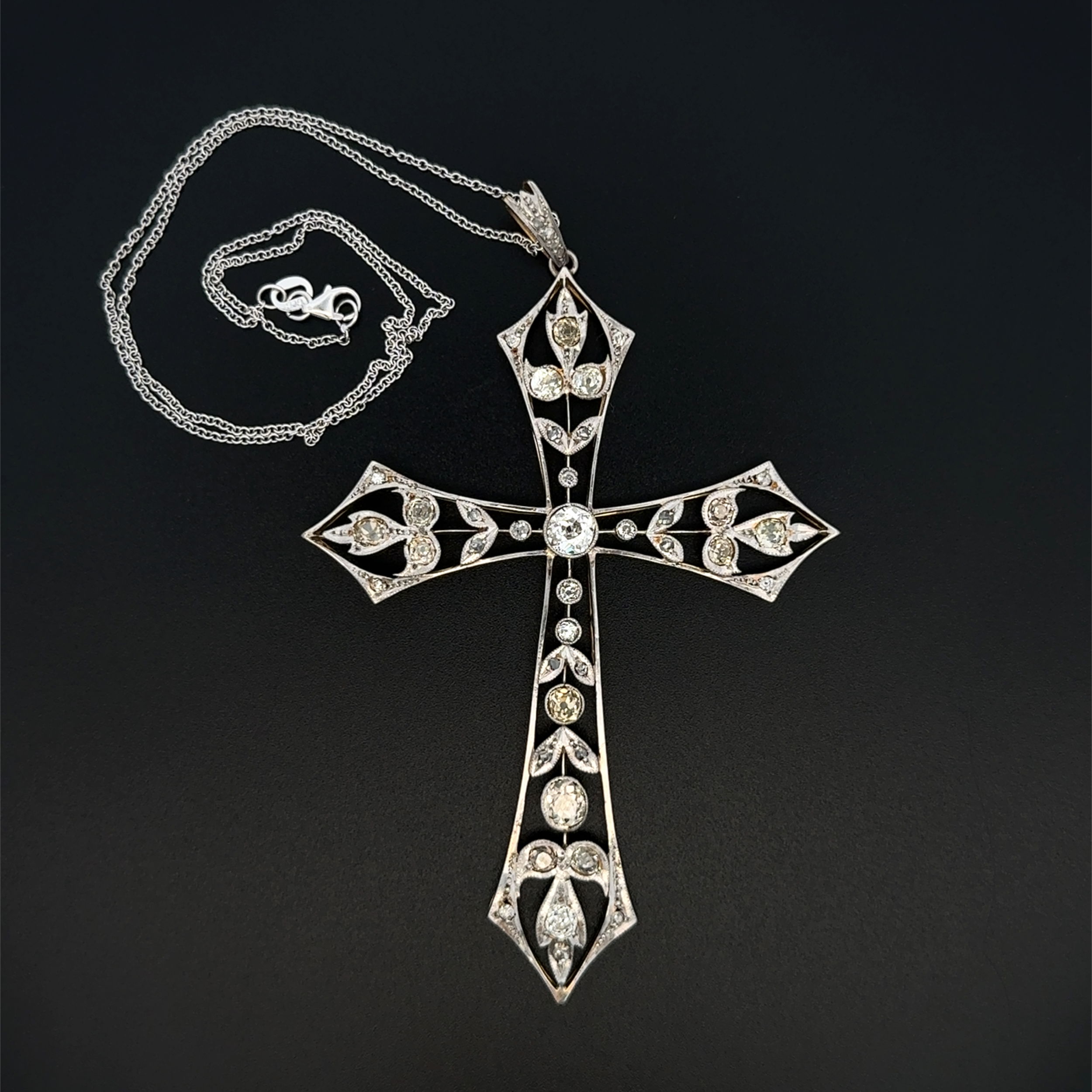 Platinum on 18K Edwardian 1.05ct OEC Diamond & 2.50tcw OEC Diamond Filigree Cross Pendant 18.4g, on 14K Chain 16" Platinum on 18K Edwardian 1.05ct OEC Diamond & 2.50tcw OEC Diamond Filigree Cross Pendant 18.4g, on 14K Chain 16"