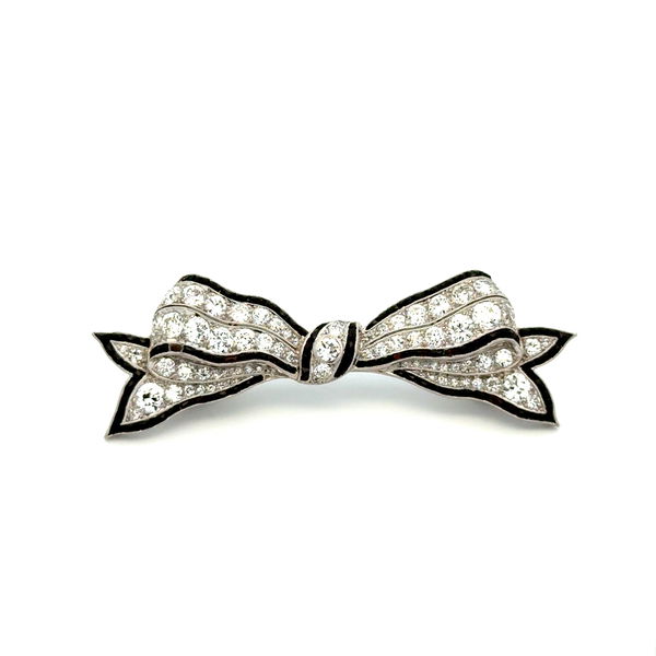 Closeup photo of Platinum Art Deco 3.07tcw OEC & Old Mine Diamond & Calibre Onyx BOW Brooch 11.2g