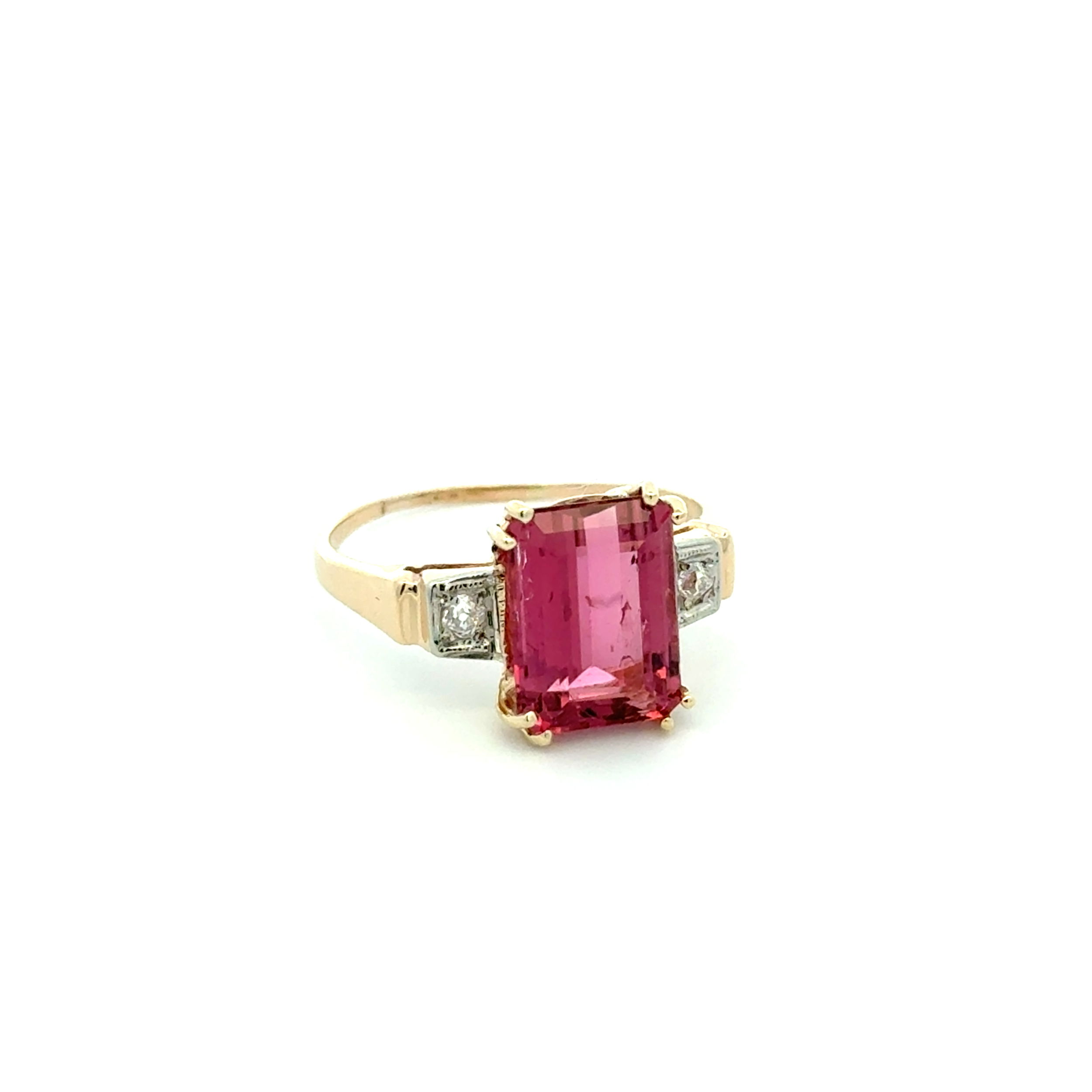 14K YG Art Deco 3.45ct Emerald Cut Rubellite Tourmaline & .08tcw OEC Diamond Ring 2.6g, s7.75