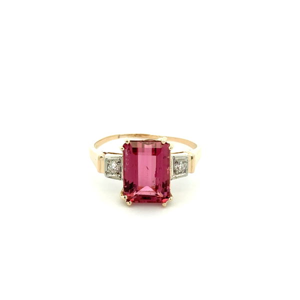 Closeup photo of 14K YG Art Deco 3.45ct Emerald Cut Rubellite Tourmaline & .08tcw OEC Diamond Ring 2.6g, s7.75