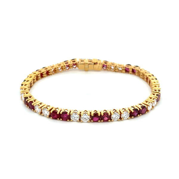 Closeup photo of 18K YG 6.50tcw Round Ruby & 6.00tcw RBC Diamond Line Tennis Bracelet 17.8g, 7.25"