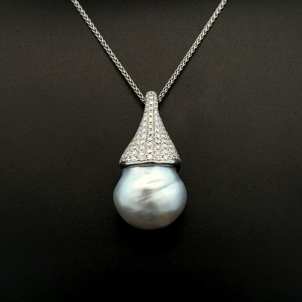 Closeup photo of 18K WG 18.25mm Baroque Pearl & 1.20tcw RBC Diamond Pave Drop Pendant Necklace 16.0g, 18"