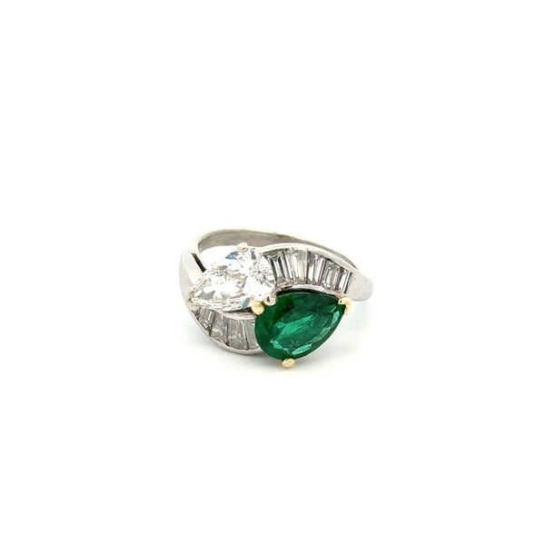 Closeup photo of Platinum & 18K 1.05ct Pear Diamond, 1.40ct Emerald & .75tcw Baguette Diamond Bypass Ring 6.5g, s6