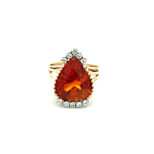 Closeup photo of 14K YG 8ct VIbrant Orange Pear Mexican Fire Opal & .30tcw RBC Diamond Ring 6.6g, s6