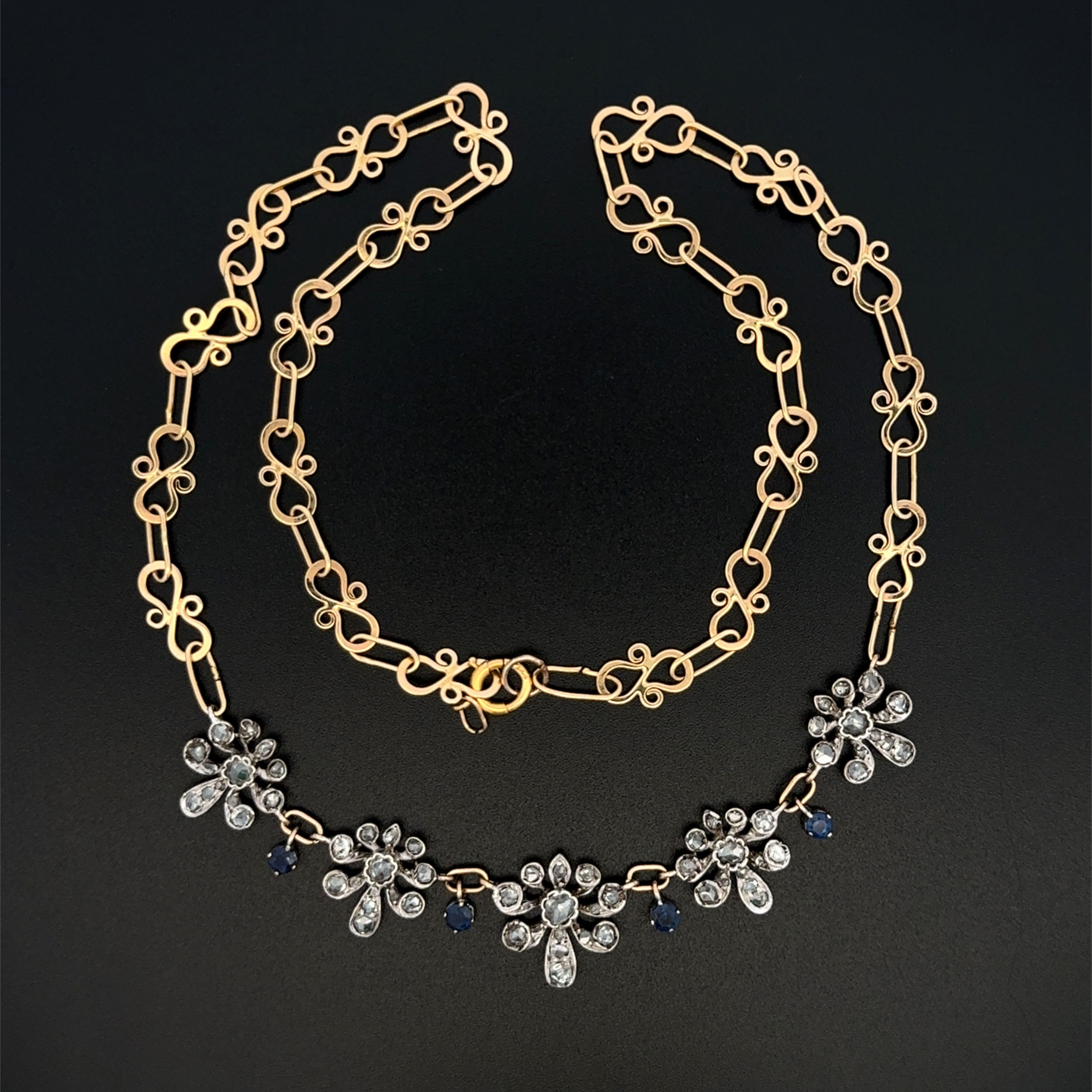 Platinum on 14K 1.70tcw Rose Cut Diamond & .35tcw Sapphire Flower Station Necklace 16.8g, 19.5" Platinum on 14K 1.70tcw Rose Cut Diamond & .35tcw Sapphire Flower Station Necklace 16.8g, 19.5"