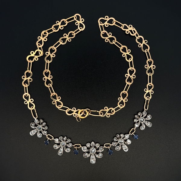 Closeup photo of Platinum on 14K 1.70tcw Rose Cut Diamond & .35tcw Sapphire Flower Station Necklace 16.8g, 19.5"