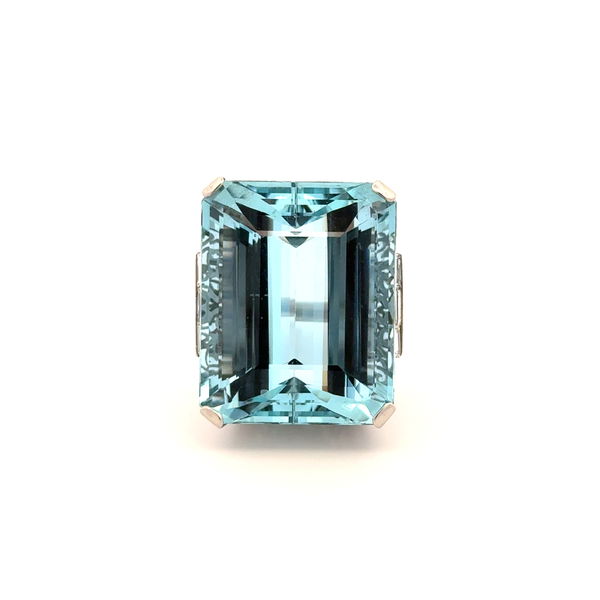Closeup photo of Platinum Art Deco 46.88ct Emerald Cut Aquamarine & Baguette Diamond Ring 20.0g, s5