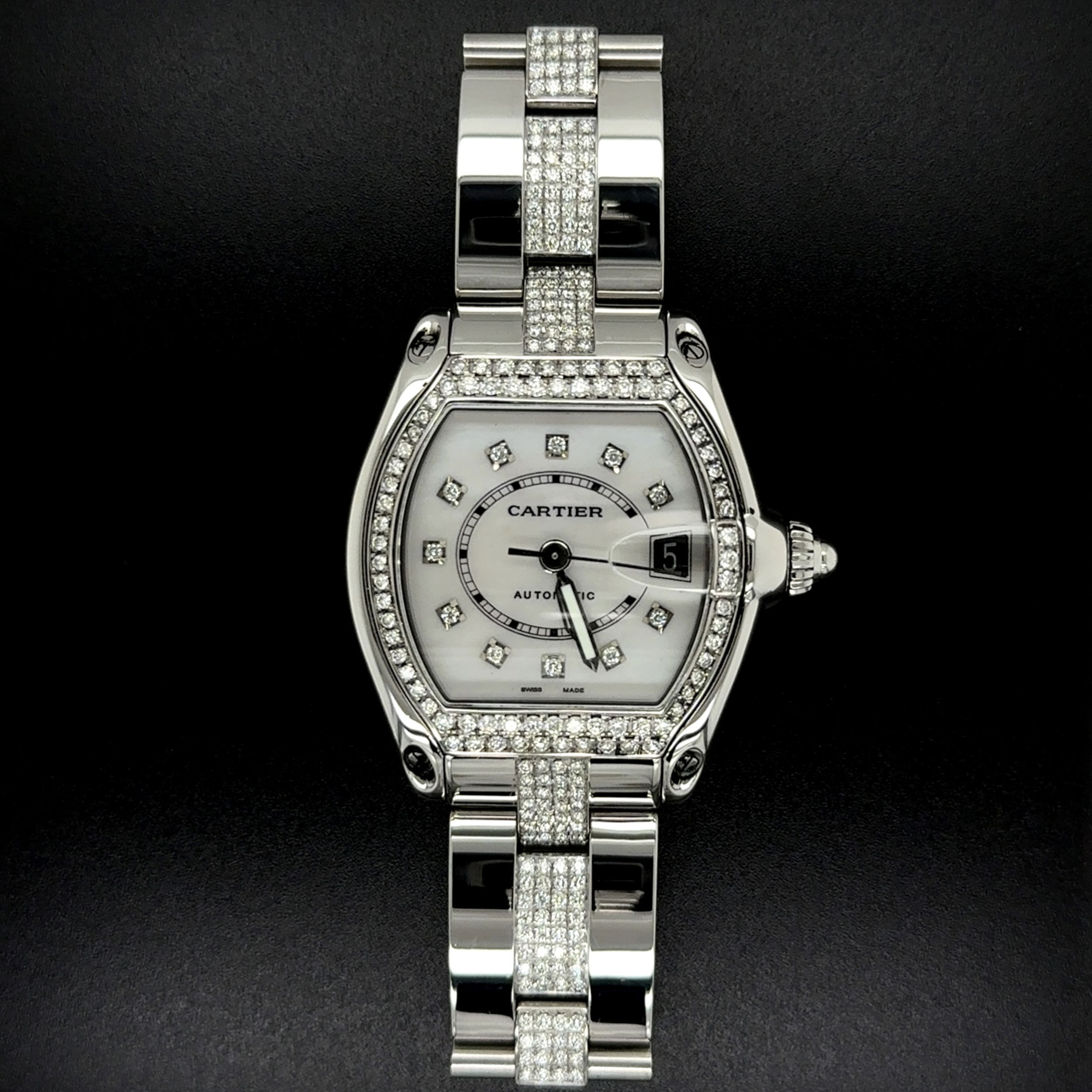 Cartier SS Roadster 2510 MOP 3.25tcw Diamond Dial, Bezel & Band 221650CE Naked Cartier SS Roadster 2510 MOP 3.25tcw Diamond Dial, Bezel & Band 221650CE Naked