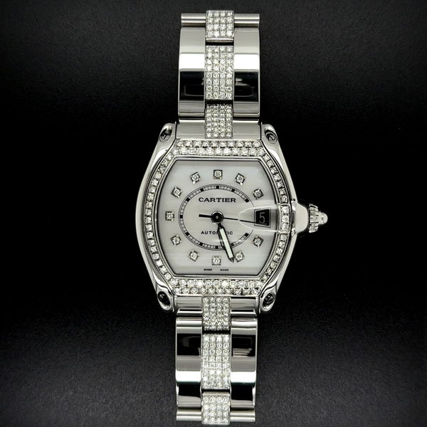 Closeup photo of Cartier SS Roadster 2510 MOP 3.25tcw Diamond Dial, Bezel & Band 221650CE Naked