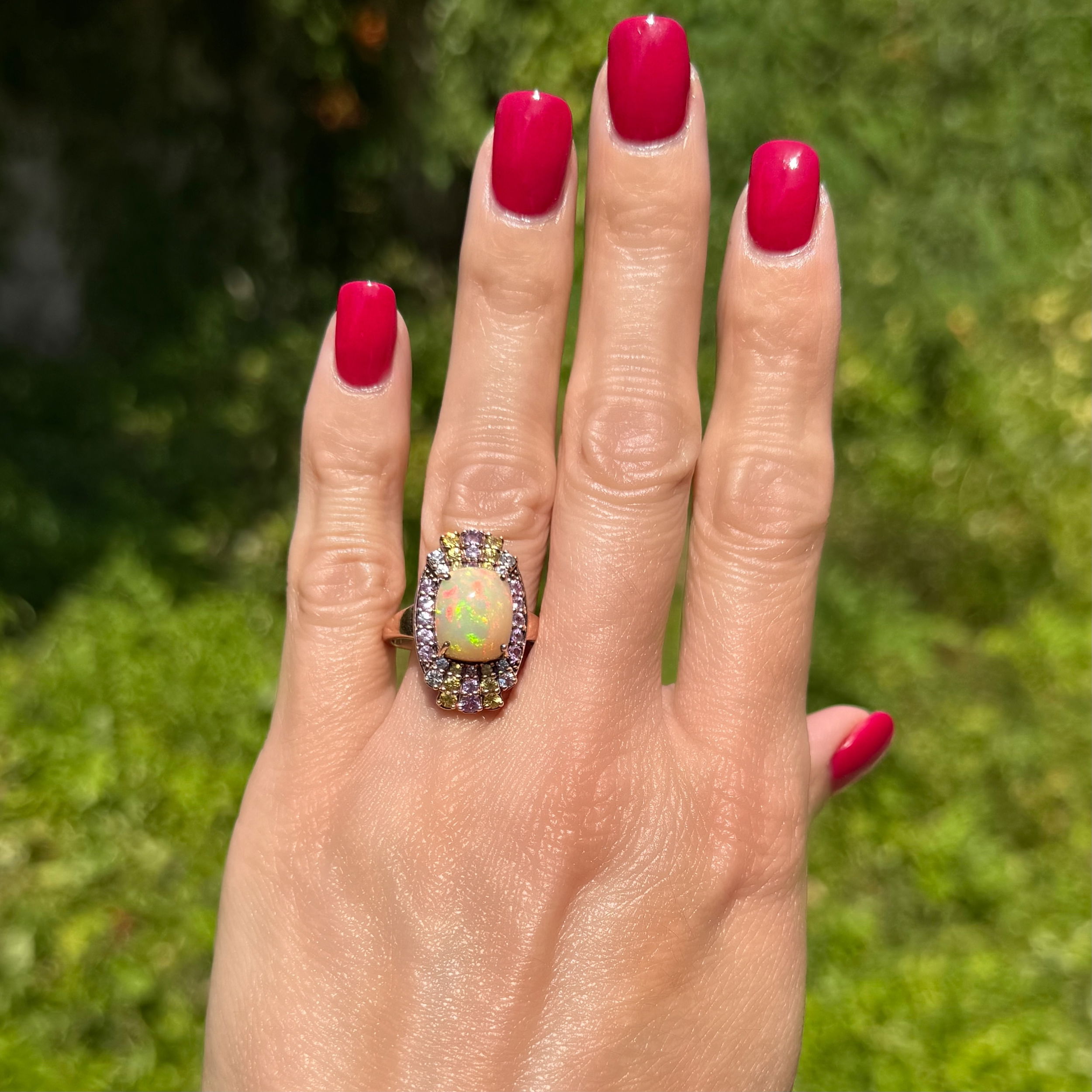 10K RG 3ct Opal & 1.20tcw Pink, Yellow Blue Sapphire Ring 5.0g, s10 10K RG 3ct Opal & 1.20tcw Pink, Yellow Blue Sapphire Ring 5.0g, s10