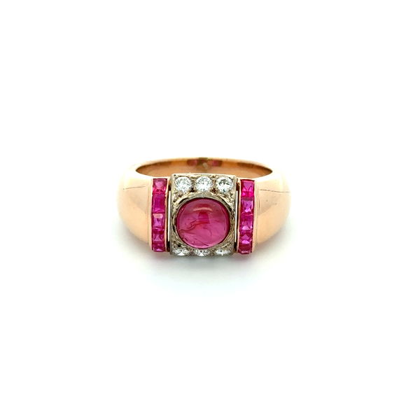 Closeup photo of 14K RG Retro 1crt Cabochon Ruby, .30tcw RBC Diamond & .70tcw Ruby Ring 12.3g, s7.75