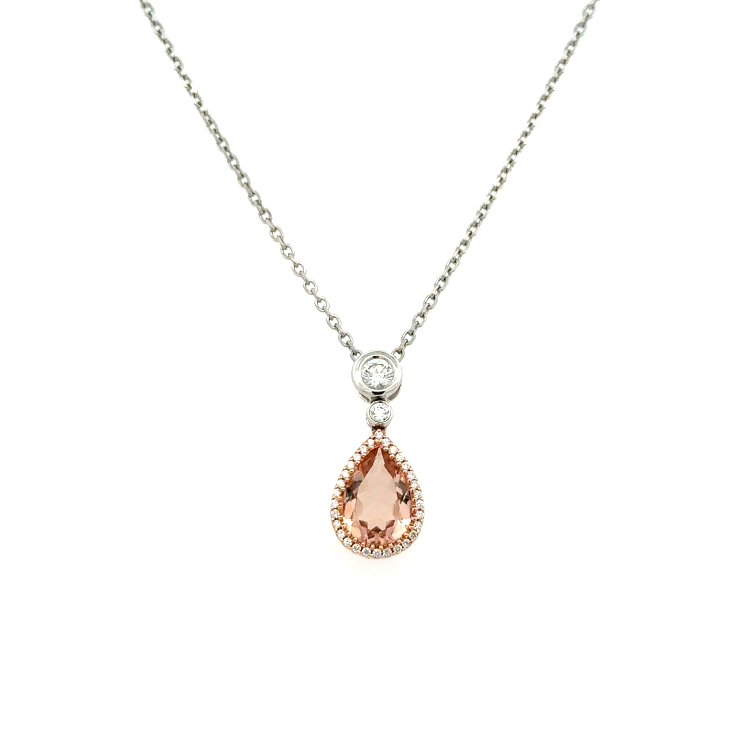 14K 2tone 1.3ct Pear Morganite & .45tcw RBC Diamond Drop Pendant 3.7g, 18" 14K 2tone 1.3ct Pear Morganite & .45tcw RBC Diamond Drop Pendant 3.7g, 18"