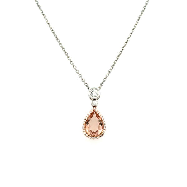 Closeup photo of 14K 2tone 1.3ct Pear Morganite & .45tcw RBC Diamond Drop Pendant 3.7g, 18"