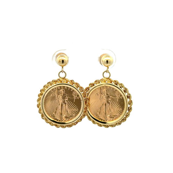 Closeup photo of 22K & 14K YG 1994 $5 Liberty 1/10 oz Coin Rope Bezel Earrings on Post 9.8g